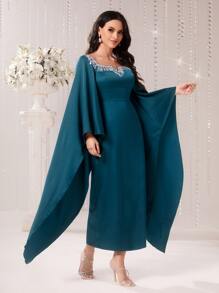 Modelyn Contrast Sequin Notch Neck Cloak Sleeve Dress - Teal Blue - View 1
