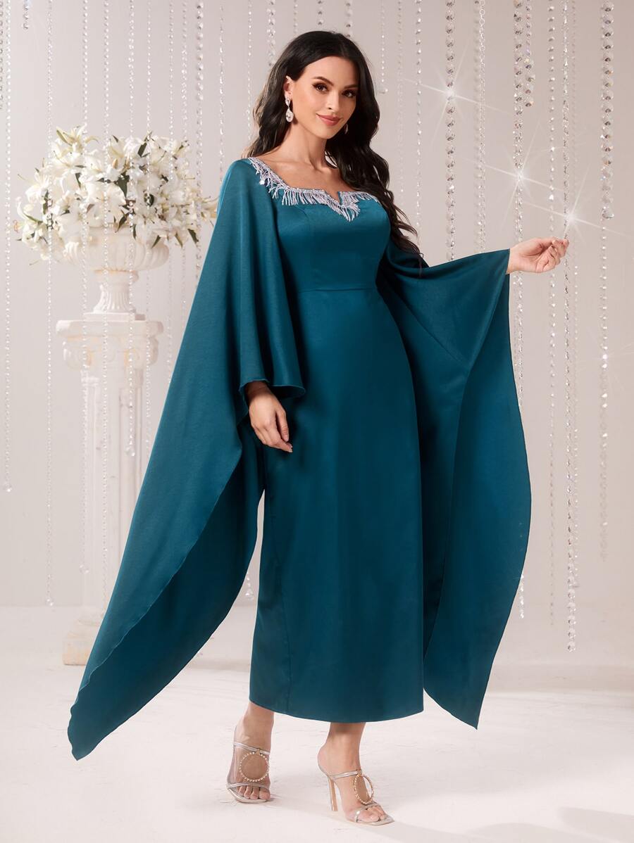 Modelyn Contrast Sequin Notch Neck Cloak Sleeve Dress - Teal Blue - View 1