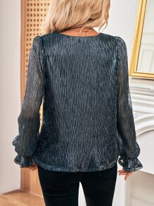 SHEIN Frenchy Flounce Sleeve Glitter Top - Teal Blue - View 3