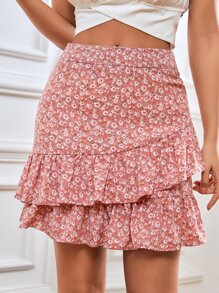 SHEIN Frenchy Ditsy Floral Ruffle Trim Skirt - Multicolor - View 3