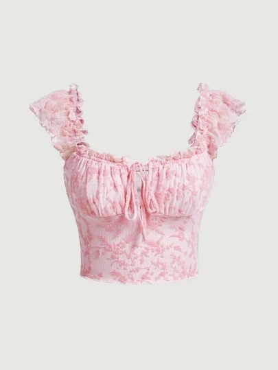 SHEIN MOD 印花胸部褶皺褶邊前打結短款T恤