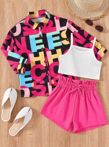 SHEIN 小女童字母圖案襯衫和背心上衣和紙袋腰短褲 - 彩色 - 查看 1