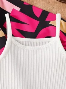 SHEIN 小女童字母圖案襯衫和背心上衣和紙袋腰短褲 - 彩色 - 查看 4