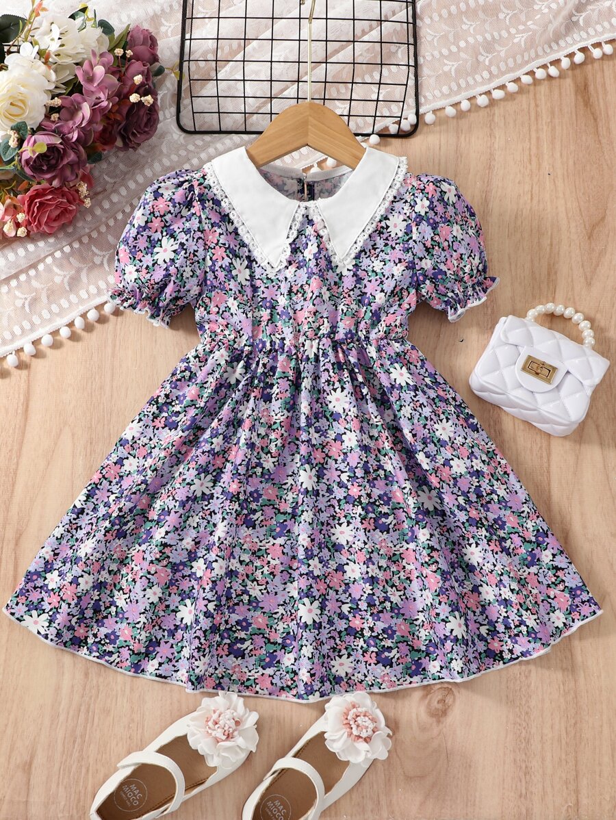 SHEIN 女小童紫色印花復古彼得潘領公主袖夏天假期洋裝