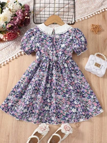 SHEIN 女小童紫色印花復古彼得潘領公主袖夏天假期洋裝
