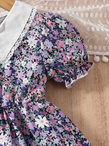 SHEIN 女小童紫色印花復古彼得潘領公主袖夏天假期洋裝