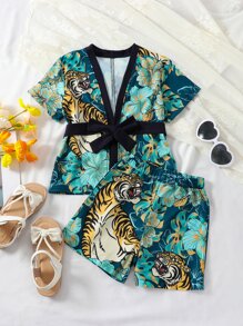 Toddler Boys Tiger & Tropical Print Contrast Trim Belted Kimono & Shorts - Green - View 1