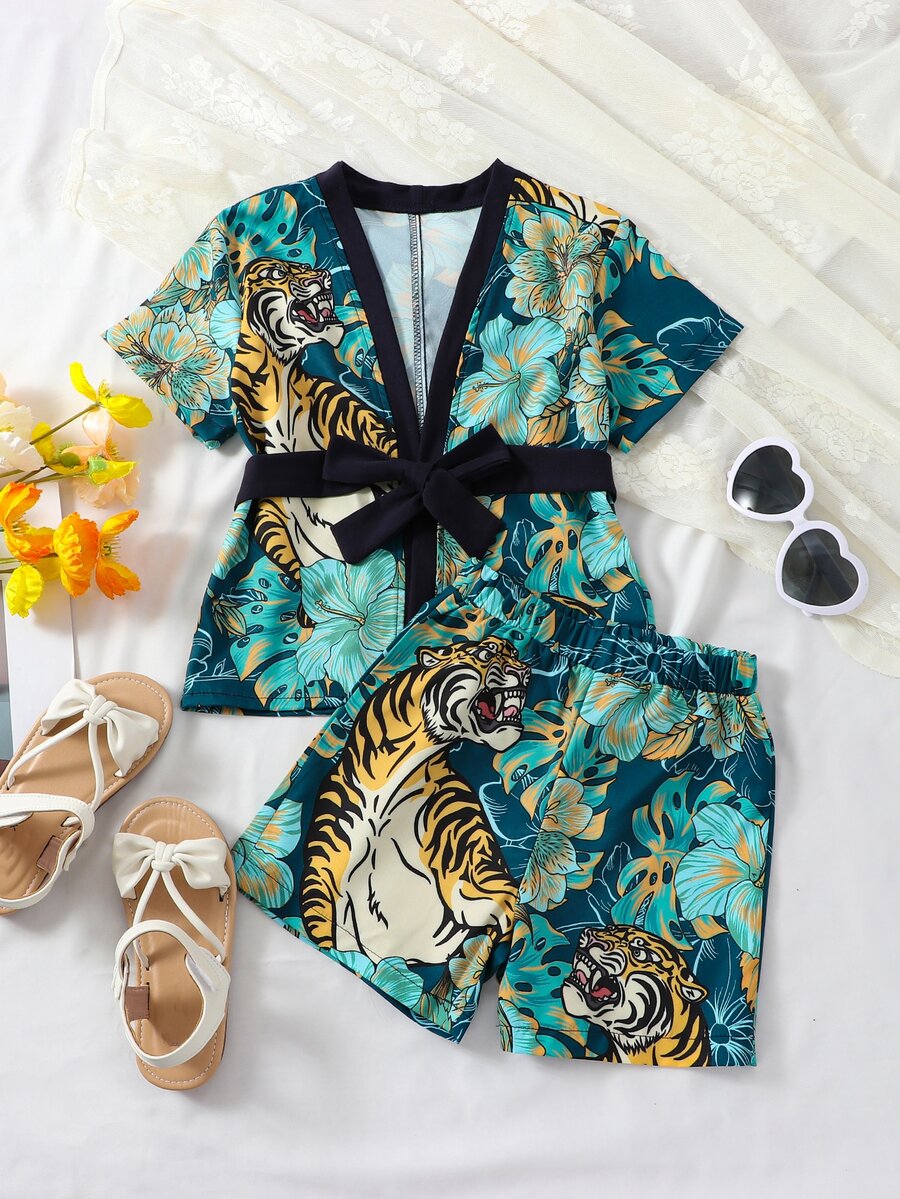 Toddler Boys Tiger & Tropical Print Contrast Trim Belted Kimono & Shorts - Green - View 1