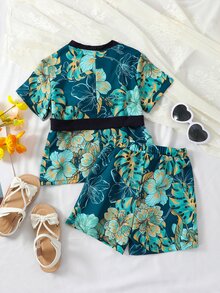 Toddler Boys Tiger & Tropical Print Contrast Trim Belted Kimono & Shorts - Green - View 2