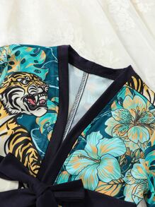 Toddler Boys Tiger & Tropical Print Contrast Trim Belted Kimono & Shorts - Green - View 3