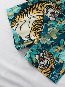 Toddler Boys Tiger & Tropical Print Contrast Trim Belted Kimono & Shorts - Green - View 4