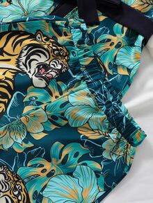 Toddler Boys Tiger & Tropical Print Contrast Trim Belted Kimono & Shorts - Green - View 5