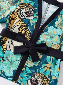 Toddler Boys Tiger & Tropical Print Contrast Trim Belted Kimono & Shorts - Green - View 6