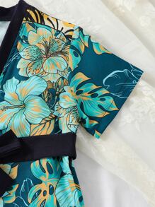 Toddler Boys Tiger & Tropical Print Contrast Trim Belted Kimono & Shorts - Green - View 7