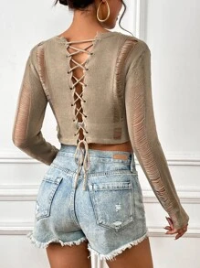 SHEIN ChicEase Open Knit Crop Jumper Without Bra - Khaki - View 2