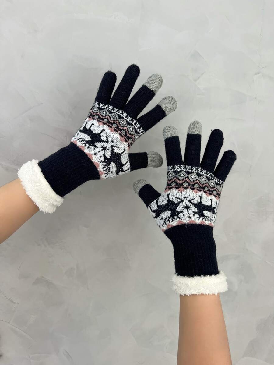 Geometric Pattern Plush Lined Gloves - Navy Blue - View 1