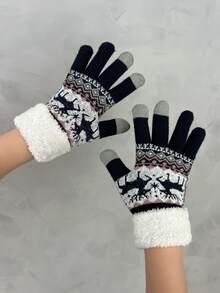 Geometric Pattern Plush Lined Gloves - Navy Blue - View 2