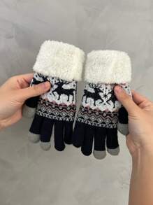 Geometric Pattern Plush Lined Gloves - Navy Blue - View 4