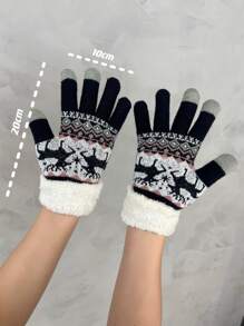 Geometric Pattern Plush Lined Gloves - Navy Blue - View 6