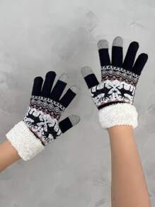 Geometric Pattern Plush Lined Gloves - Navy Blue - View 7