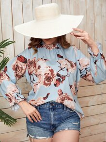 SHEIN LUNE Plus Floral Print Flounce Sleeve Blouse - Multicolor - View 1