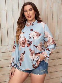 SHEIN LUNE Plus Floral Print Flounce Sleeve Blouse - Multicolor - View 3