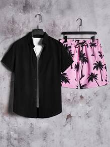 Manfinity Men 1pc Solid Shirt & 1pc Tropical Print Shorts - Multicolor - View 1