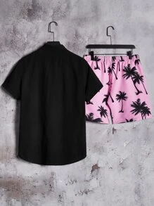 Manfinity Men 1pc Solid Shirt & 1pc Tropical Print Shorts - Multicolor - View 2