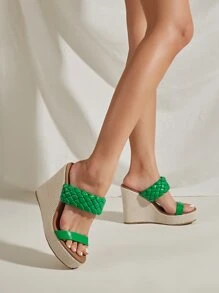 Braid Detail Double Strap Wedges Slide Sandals - Green - View 3
