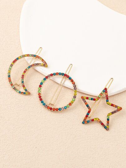 3入組水鑽星月裝飾極簡髮夾