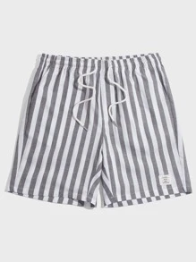 Manfinity VCAY 男士棉质条纹印花抽绳腰短裤 - 灰色 - 查看 5