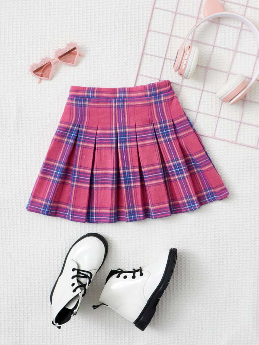 SHEIN 小女童格紋百褶半身裙