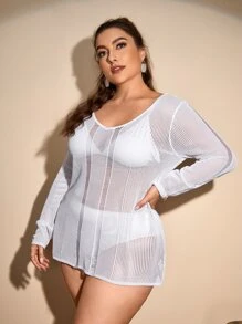 SHEIN Swim Curve Plus Hollow Out Tie Back Cover Up Without Bikini - White - View 3