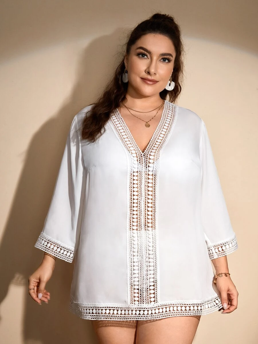 Plus Contrast Guipure Lace Cover Up Without Bikini - White - View 1