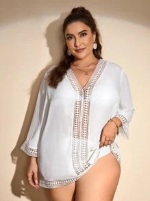 Plus Contrast Guipure Lace Cover Up Without Bikini - White - View 4
