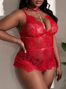 Classic Sexy Plus Floral Lace Teddy Bodysuit - Red - View 4