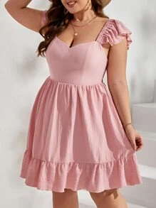 Dreamara Đầm Plus Size Lộ Lưng Xù Viên lá sen Buộc lại màu trơn Giải trí - Màu Hồng baby - Xem 2