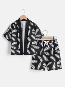 SHEIN Toddler Boys Feather Print Open Front Jacket & Shorts - Black and White - View 1