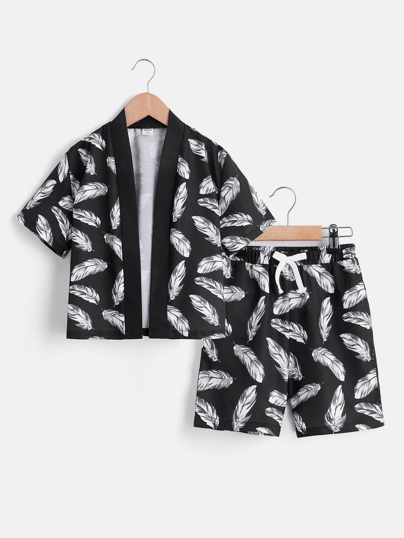 SHEIN Toddler Boys Feather Print Open Front Jacket & Shorts - Black and White - View 1