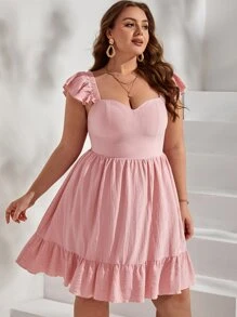 Dreamara Đầm Plus Size Lộ Lưng Xù Viên lá sen Buộc lại màu trơn Giải trí - Màu Hồng baby - Xem 5