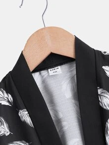 SHEIN Toddler Boys Feather Print Open Front Jacket & Shorts - Black and White - View 8