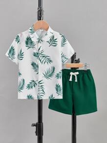 SHEIN Young Boy Tropical Print Shirt & Drawstring Waist Shorts - Multicolor - View 2
