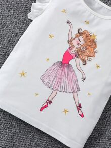 SHEIN Young Girl Geometric Pattern Figure & Cute Dancing Girl Mesh Skirt With Half Collar And Ruffled Sleeves 2pcs Set For Summer - Multicolor - View 3