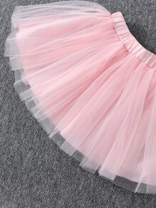 SHEIN Young Girl Geometric Pattern Figure & Cute Dancing Girl Mesh Skirt With Half Collar And Ruffled Sleeves 2pcs Set For Summer - Multicolor - View 4