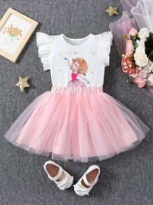 SHEIN Young Girl Geometric Pattern Figure & Cute Dancing Girl Mesh Skirt With Half Collar And Ruffled Sleeves 2pcs Set For Summer - Multicolor - View 5