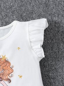 SHEIN Young Girl Geometric Pattern Figure & Cute Dancing Girl Mesh Skirt With Half Collar And Ruffled Sleeves 2pcs Set For Summer - Multicolor - View 6