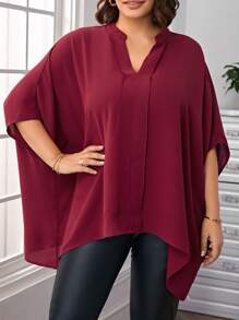 SHEIN LUNE Blusa de cuello de muesca de manga murciélago bajo irregular - Burdeos - Ver 1