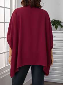 SHEIN LUNE Blusa de cuello de muesca de manga murciélago bajo irregular - Burdeos - Ver 2