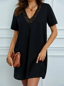 SHEIN Tall Guipure Lace Panel Tunic Dress - Black - View 1
