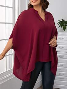 SHEIN LUNE Blusa de cuello de muesca de manga murciélago bajo irregular - Burdeos - Ver 3